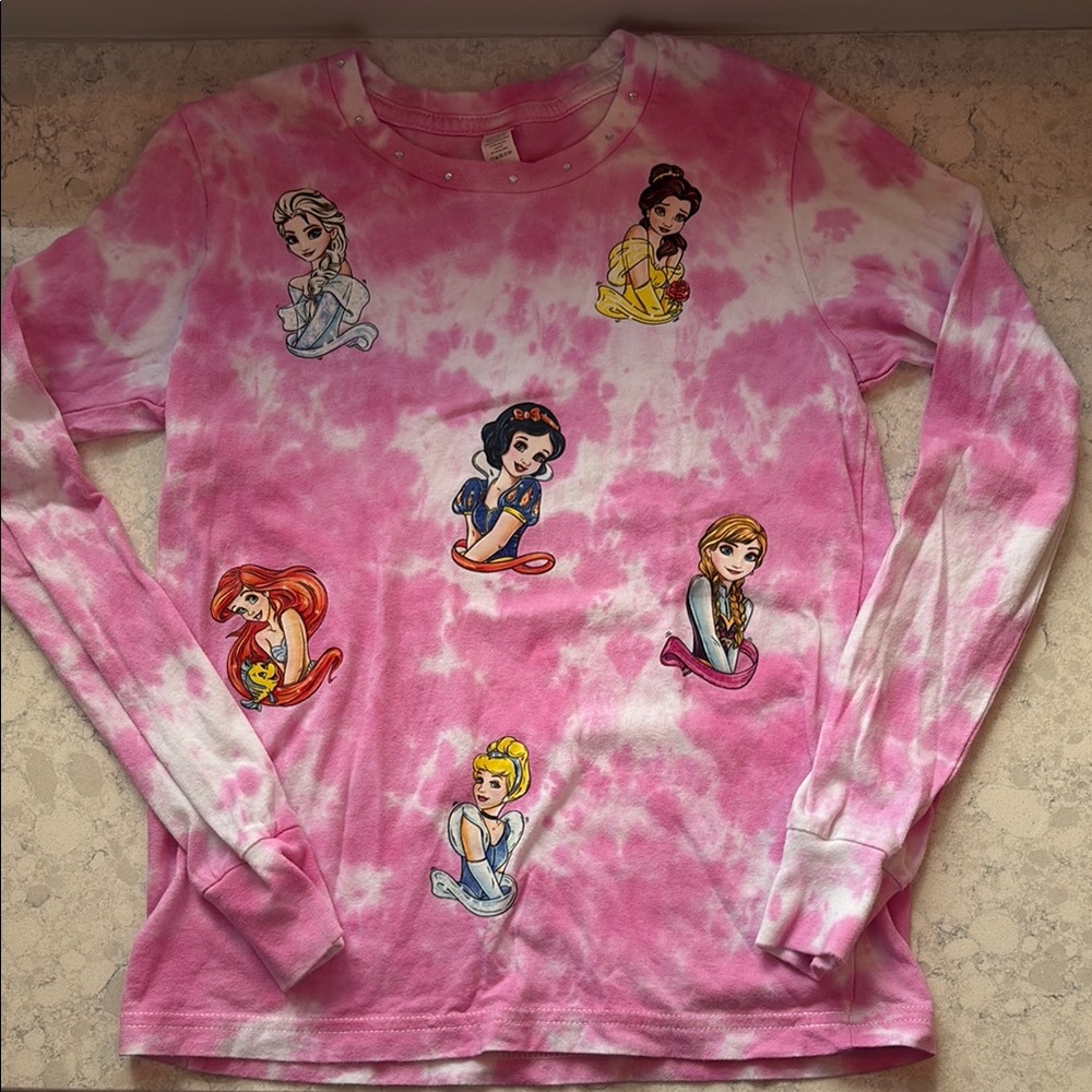 Disney Pink & White Tie-Dye Long Sleeve Tee with Princess Patches